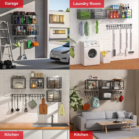 Heavy Duty Garage Shelving Set With Wire Baskets Wall Mounted Shelves in various rooms for organization and storage.