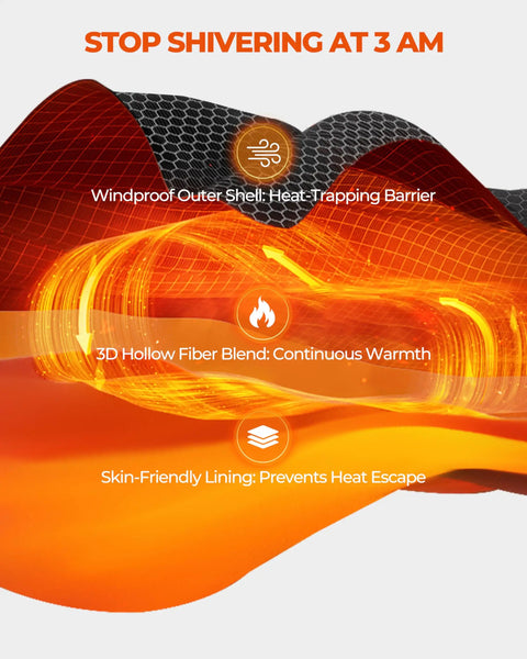 Diagram of all-season sleeping bag showing windproof shell, 3D hollow fiber blend, and skin-friendly lining for warmth and comfort