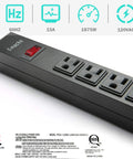 Kick The Clutter With This Badass Heavy Duty Power Strip Packing Six AC Outlets And Two Fast USB Chargers Six Foot Braided Surge Guard Cable For Phones Tablets And Desk Setups Black 300 Joules Shield with power switch and outlets visible.