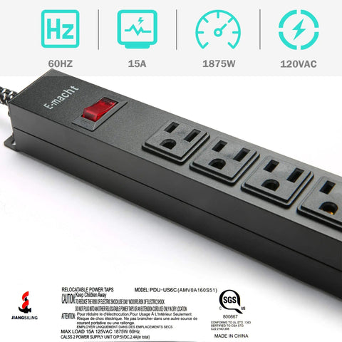 Kick The Clutter With This Badass Heavy Duty Power Strip Packing Six AC Outlets And Two Fast USB Chargers Six Foot Braided Surge Guard Cable For Phones Tablets And Desk Setups Black 300 Joules Shield with power switch and outlets visible.