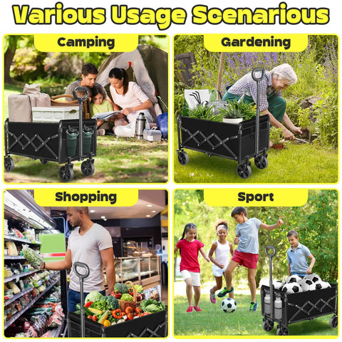 Ultra Portable Collapsible Wagon Cart With Wheels, 360Lb Load Capacity used for camping, gardening, shopping, and sports