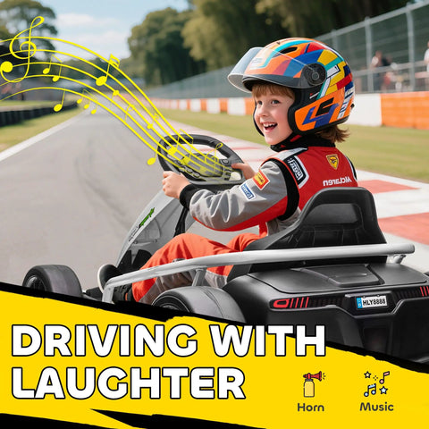 Child enjoying a 24V Electric Go Kart For Kids, Drift Ready Battery Powered Ride On Toy, 8.1 MPH Top Speed, with music and safety features