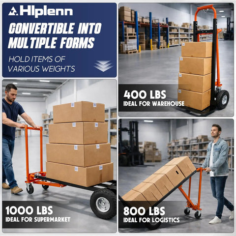 Beefy Aluminum 4 In 1 Convertible Hand Truck Dolly With Four Smooth Wheels and Heavy Duty Frame for handling multiple loads in warehouse.