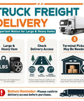 Truck freight delivery notice with details on large items, check delivery access, and a truck image.