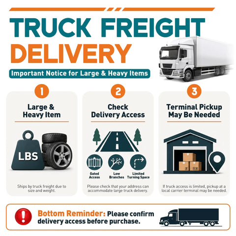 Truck freight delivery infographic with large items notice, access check, and terminal pickup instructions.