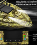 Front view of camouflage green RC Fishing Bait Boat With Dual 5200mAh Batteries And Carrying Bag, night lights visible