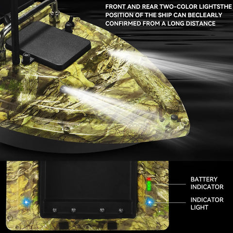 Front view of camouflage green RC Fishing Bait Boat With Dual 5200mAh Batteries And Carrying Bag, night lights visible