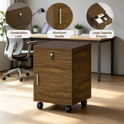 Legit Quality Rolling File Cabinet With Secure Combo Lock For No Sweat Office Organization Sweet Dark Walnut Wood Finish with wheels