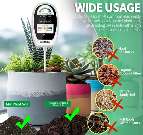 2 In 1 Soil Moisture And pH Meter With Dual Dial Readouts For Garden Lawn Farm Indoor Outdoor Plants Simultaneous Moisture And pH Testing Easy To Read Displays And Quick Results shown in a potted plant setting