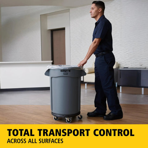 Employee using Dolly For Heavy Duty 20 To 55 Gallon Waste Cans With Easy Mobility And Secure Twist Lock Supports Up To 250 Pounds