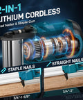 Heavy Duty Cordless Brad Nailer, Bad Boy 2 In 1 Nail Gun For Wood, 18 Gauge Stapler showing staple and straight nail options.