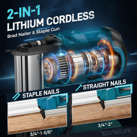 Heavy Duty Cordless Brad Nailer, Bad Boy 2 In 1 Nail Gun For Wood, 18 Gauge Stapler showing staple and straight nail options.