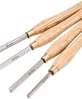 Kickbutt Four Piece Beading Lathe Chisel Set Featuring Rock Solid High Speed Steel Blades Naturally Finished Ash Handles and Smooth Half Round Profiles For Flawless Spindle Turning Jobs, close-up view of tools.