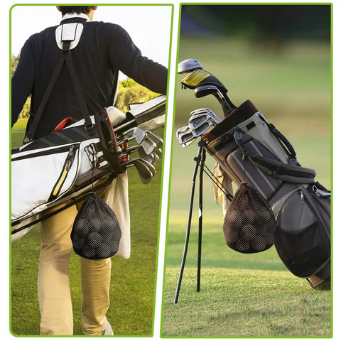 Six Pack Golf Ball Mesh Bags With Drawstrings For Easy Storage And Travel attached to golf bags on the course.