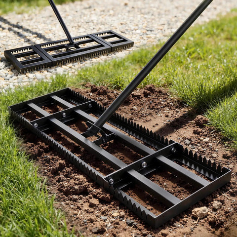 32x10 Lawn Leveling Rake With Serrated Edge And Smooth Plate Heavy Duty Stainless Leveling Rake With 72 Inch Adjustable Handle