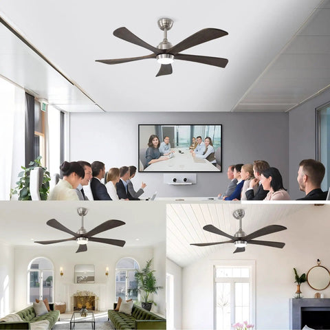 Neojoyoenix 52" 5PCS Solid Wood Blades Ceiling Fan with Lights Remote Control in a modern conference room setting.