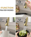 Brushed Gold Kitchen Faucet With Pull Down Sprayer showing 3-function modes: pause, stream, and spray; durable construction.