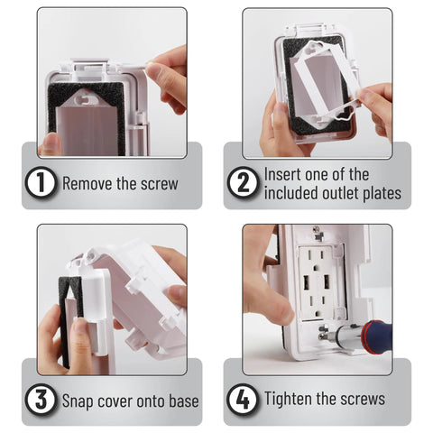 Outdoor Weatherproof 1 Gang Electrical Outlet Cover Plug In 120V AC, installation steps, white plastic, shows removal and securing process.