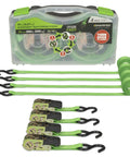 14FT Ratchet Tie Down Straps 4 Pack Featuring Savage 500 Pound Safe Working Load And Quad Winder Design in storage case with hooks.