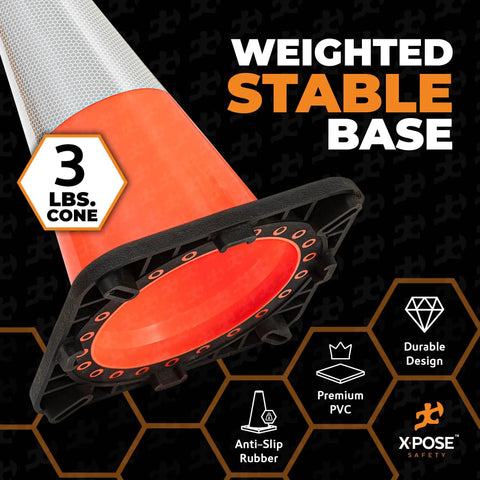 Close-up of base showing 18 Inch Orange Traffic Cones With 6 Inch Collar, 4 Pack Heavy Duty Multipurpose PVC Safety Cones For Parking, Soccer