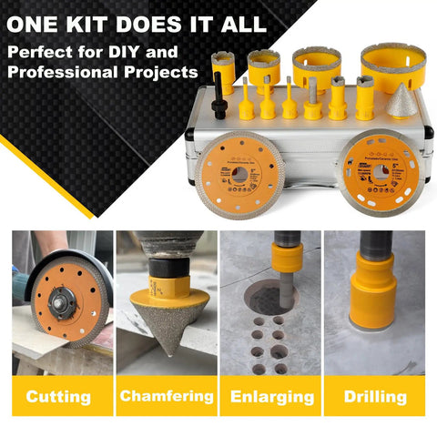 Get Your Renovation Done Right With This Badass 14 Pc Diamond Tile Hole Saw Kit Including Sizes From 6 Mm To 100 Mm Plus Chamfer Bits And Heavy Duty Diamond Blade For Smooth Drilling In Marble Ceramic And Porcelain Tile No Sweat Guaranteed. Displaying diamond hole saws for cutting, chamfering, enlarging, and drilling.
