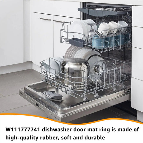 Dishwasher with door open showing racks; compatible with Dishwasher Door Gasket Seal Replacement For Whirlpool Maytag KitchenAid Kenmore Amana Fits W10300924 W10300924V W11177741 W10660528 And Related Parts Easy Install Durable Rubber.