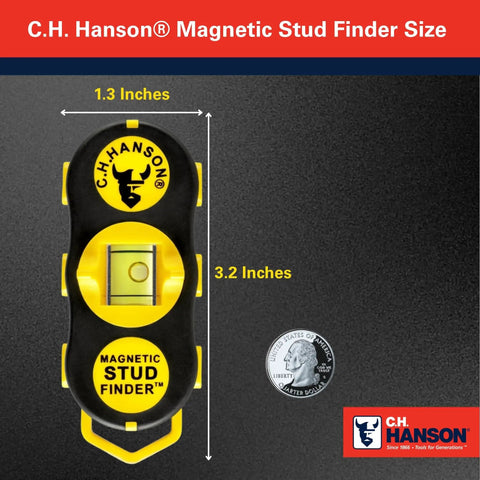Magnetic Stud Finder With Battery-Free Design, Rare Earth Magnets, Finds Nails And Screws Behind Drywall, Built-In Rotating Level For Precise TV Mounts, Shelves, And Home Projects. C.H. Hanson stud finder, 3.2 x 1.3 in, with quarter for size