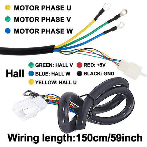 Color-coded wiring for Beast 48V 2000W Brushless Go Kart Motor with 5700RPM Max Speed, 4300RPM Rated, labeled for phases and Hall sensors