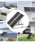 Collage of upgraded 47 inch adjustable solar panel tilt mount brackets set with foldable tilt legs for RV, wall, roof, ground use.