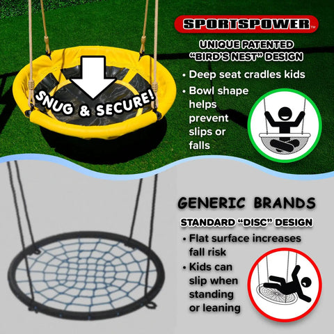 Comparison of My First Swing And Saucer Outdoor Playset to generic brands, highlighting design and safety features of the saucer swing.
