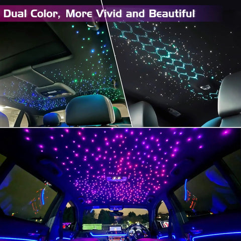 Car interior with Dual Color Starlight Headliner Kit For Cars With Fiber Optic Star Ceiling Lights, 600 fibers, lit ceiling.