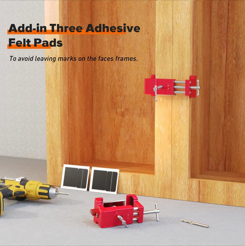Heavy Duty Cabinet Clamp Set For Face Frame Cabinets With Alignment Plate And Dual Side Screws 2 Pack Delivers Pro Grade Precision And Quick Install Up To 440 Lbs Red shown in use on wooden cabinet with adhesive felt pads.
