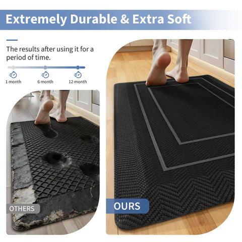 Comparison of a worn-out mat and an Extra Thick Anti Fatigue Kitchen Mat 0.9 Inch Cushioned Standing Desk Mat With Waterproof High Density Foam Non Slip Ergonomic Comfort Mat For Kitchen Office Workstation 20 By 32 Inches Black on wooden floor.
