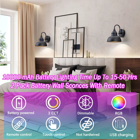 Battery Operated Wall Sconces Two Pack With Remote in bedroom setting, mounted above bed, showing wireless install and ambient lighting.