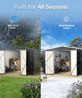 Black metal outdoor shed in rainy and snowy settings, highlighting waterproof and lockable design for bike and tools shelter.