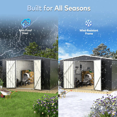 Black metal outdoor shed in rainy and snowy settings, highlighting waterproof and lockable design for bike and tools shelter.