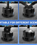Multiple views of 6 Inch Trailer Jack Block With Carry Bag For RV And Travel Trailers on asphalt, showing compatibility with various stabilizers.