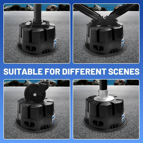 Multiple views of 6 Inch Trailer Jack Block With Carry Bag For RV And Travel Trailers on asphalt, showing compatibility with various stabilizers.