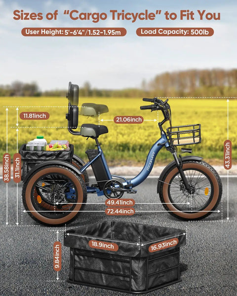 Electric Tricycle For Adults With Big Cargo Basket And 55 Mile Range 960W Rear Motor 48V 15Ah Battery 20 Inch Aluminum Folding Frame 3 Wheel Trike That Reaches 25 MPH For City Hauls And Weekend Adventures, side view with cargo basket