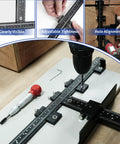 Rock Solid Aluminum Cabinet Handle Jig With Integrated Center Punch For Drawer Pull Layout setup for hole alignment with adjustable scale.