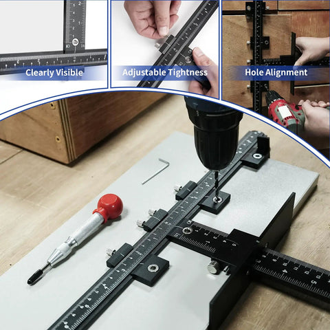 Rock Solid Aluminum Cabinet Handle Jig With Integrated Center Punch For Drawer Pull Layout setup for hole alignment with adjustable scale.