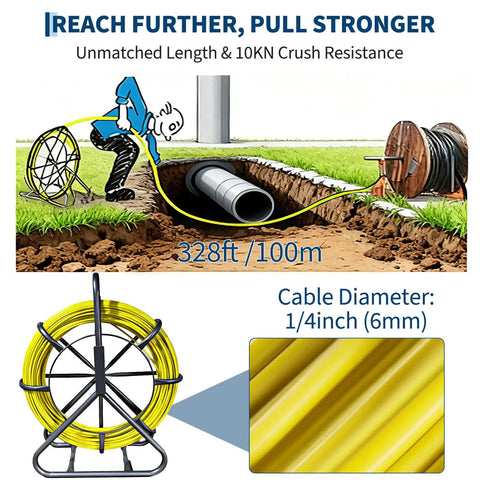 Fiberglass Fish Tape Pro Duct Rodder for wire installation, showing 100m length and 6mm diameter cable, with steel stand.