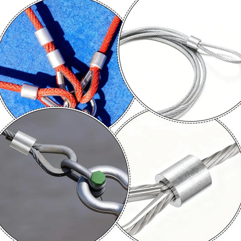 50 Pack Top Shelf Aluminum Wire Rope Sleeves 3/16 Inch Crimping Cable Ferrules used on cables and ropes for outdoor projects.
