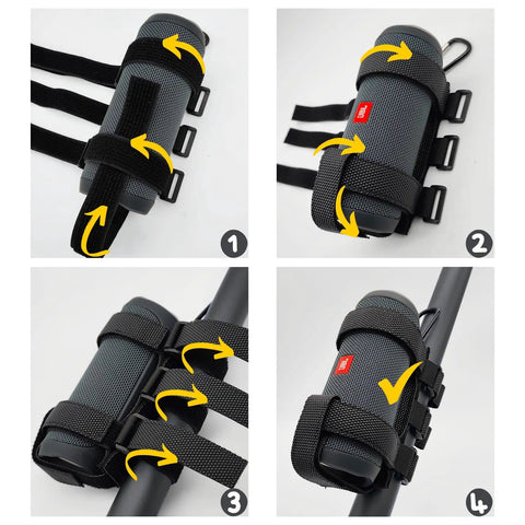 Ride Ready All Terrain Speaker Mount For Bikes And Golf Carts With Adjustable Straps Waterproof Holder Fits JBL Flip 6 Charge 5 Series Bluetooth Speakers On Rails Or Handlebar For Bicycle Scooter UTV ATV Motorcycle, showing mounting process on handlebars.