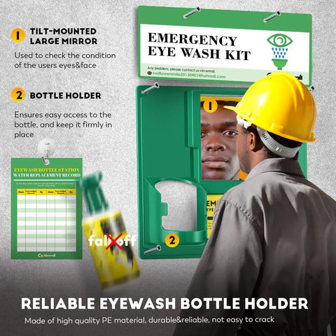 Portable Eye Wash Station Wall Mounted OSHA Approved Emergency Eye Wash Kit With Upgraded Bottle Holder And Larger Mirror Plus Sixteen Point Nine Ounce Bottles No Solution Included Green Cap Ready For Any Spill in use with worker accessing bottle.