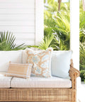 Coastal Throw Pillow Cover With Scalloped Edge, Water Repellent 20x20 Inches, Baby Blue Stripes on a patio sofa