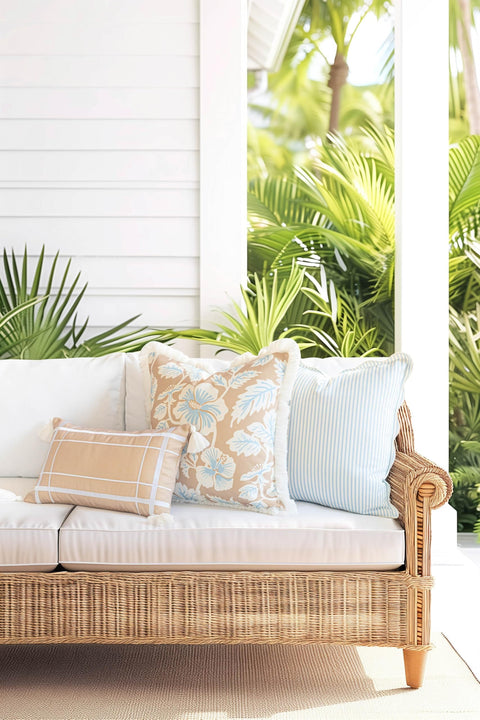 Coastal Throw Pillow Cover With Scalloped Edge, Water Repellent 20x20 Inches, Baby Blue Stripes on a patio sofa