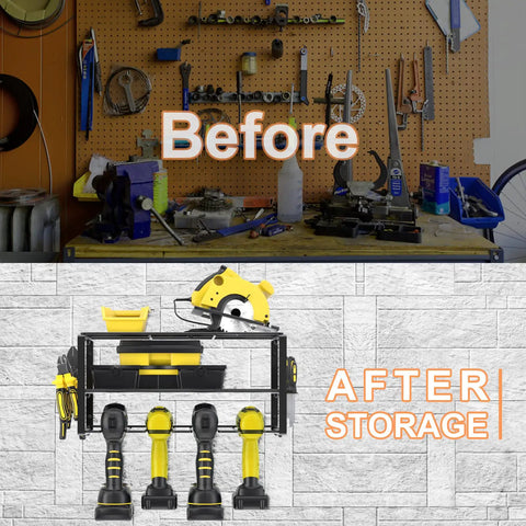 Before and after using Power Tool Organizer Wall Mount For Garage Heavy Duty Metal Tool Shelf Drill Holder Cordless Drill Storage Hand Tool Rack Space Saving Utility Storage Solution Must Have For Home Garage Or Workshop Organization.