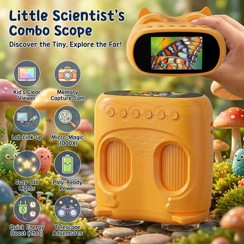 2 In 1 Kids Microscope And Telescope With 1000X Magnification Handheld Digital Microscope With 2 Inch Screen And 8 LED Lights Totally Kid Approved For Outdoor Use 10X Pocket Telescope 1080P Camera STEM Toy Gift For Boys And Girls Ages 4 To 12 Yellow, handheld view