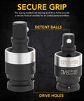 Beefed Up Slim Impact Universal Joint Set With One Half Inch Three Eighths Inch And One Quarter Inch Socket Swivels for Narrow Spaces Chrome Molybdenum Steel Full Impact Grade Matte Black Chrome Finish Ball Spring Design Delivers 360 Degree Rotation showing detent balls and drive holes